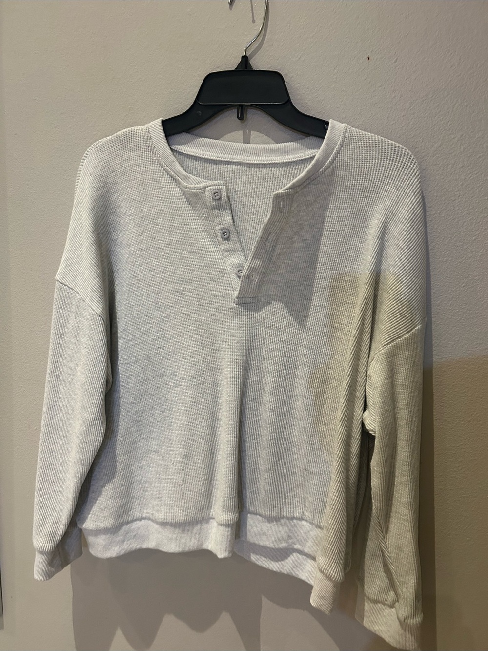 Women's Light Gray Waffle Henley Pullover Sweatshirt